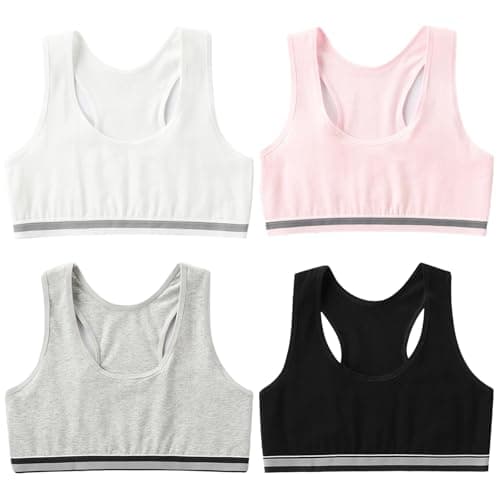 Image of JiaYouLC 4 PCS Crop Tops for Girls Comfortable Cotton Unpadded Crop Top Kids Sports Training Bra for Girls Teenage Age 7-14 (UK, Age, 7 Years, 9 Years, Regular)