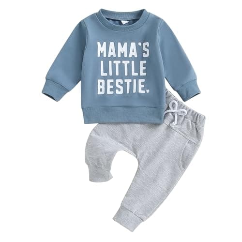 Image of M9ppzzur7 Baby Boys 2Pcs Outfits Sets Long Sleeve Letter Heart Print Pullover with Pants Sets Fall Winter Clothes (Blue, 3-6 Months)