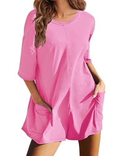 Image of ALSOGO Womens Oversized Tee Rompers Athletic Workout Reversible Overalls Back V Neck Casual Short Sleeve Romper With Pockets, Pink, S