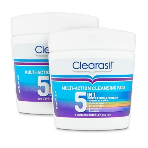 Image of Clearasil 5-In-1 Multi-Action Cleansing Salicylic Acid Pads, Face Exfoliating For Acne Prone Skin, Unblock Pores, Reduces Blackheads, Pimples & Excess Oil, Everyday Spot Prevention, 65's (Pack Of 2)