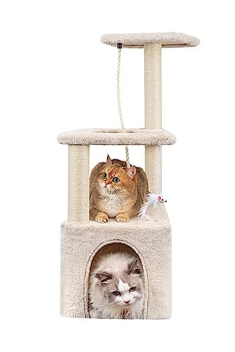 Image of Cat Scratching Post, 90cm Cat Tree for Indoor Cats Multi-Level Stable Cat Tower for Climbing Playing and Relaxation, Beige