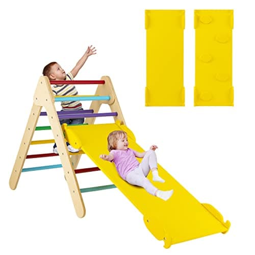 Image of COSTWAY Toddler Climbing Frame, Kids Wooden Montessori Triangle Climber with Double Sided Ramp, Indoor Play Gym for Boys Girls (Multicolor)