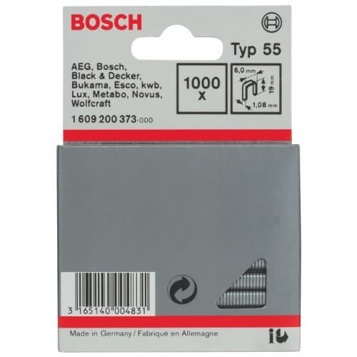 Image of Bosch Professional 1000x Narrow Crown Staple Type 55 (Textiles, Carton, Foil, 6 x 1.08 x 19 mm, Accessories Tacker, Staple Gun)