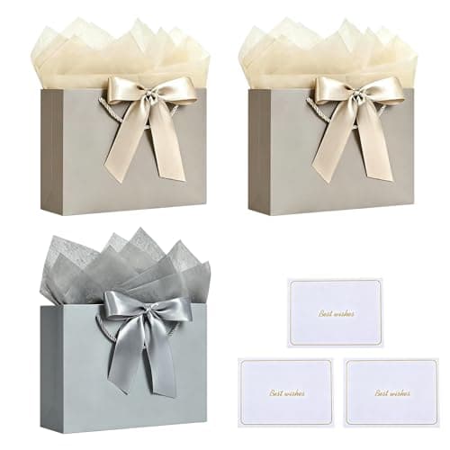 Image of 3 Pack Medium Gift Bags 28x10x20cm, Paper Present Bags with 3 Cards & 6 Wrappers, Luxury Gift Bags for Birthdays, Weddings, Parties & Christmas, 2 Champagne & 1 Silver