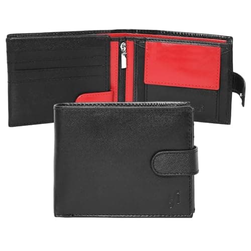 Image of STARHIDE Men’s RFID Blocking Genuine Leather Wallet – Twin ID Card Holder, Coin Pouch, 7 Card Slots, 2 Note Compartments & Gift Box – Slim Bifold Wallet for Men 1213 (Black/Red)