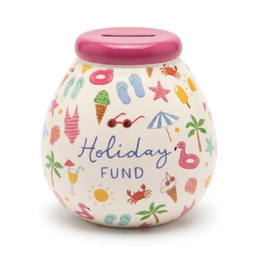 Image of Pot of Dreams Holiday Fund Money Pot – Hand Painted Ceramic Savings Jar, Break to Open Piggy Bank, Beach Theme Coin & Note Saver Gift 15cm