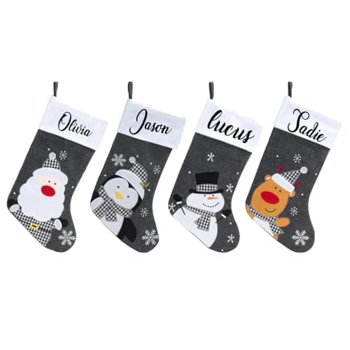 Image of Personalised Christmas Stockings | Custom Name Print with Plush Grey & White Santa Stocking Sacks & Holders | Fireplace & Tree Hanging Ornament, Xmas Decor & Gift for Kids & Adults, 40cm X 25cm