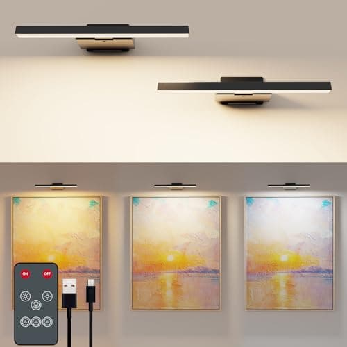 Image of Coollamp 2 Pack Picture Lights for Wall, Cordless Rechargeable Wall Lights, Battery Operated Wall Lights with 3 Color Temp Remote Control, CRI 95+, Dartboard Light for Frames & Art Painting