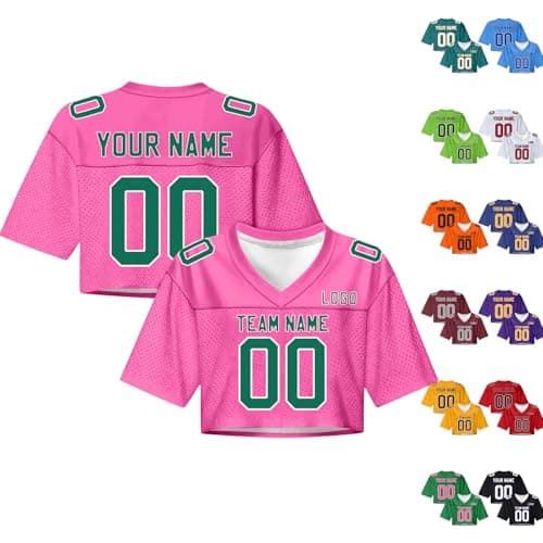 Image of Custom Football Crop Top Jersey Personalized and Number Short Sleeve Athletic Shirt for Women Men Youth Pink