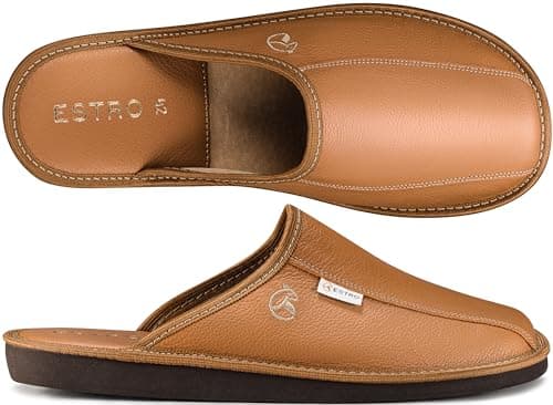 Image of ESTRO Mens Slippers Men House Shoes Leather Home Mule Men's Slipper Memory Sole RUST (12 UK, Gold)