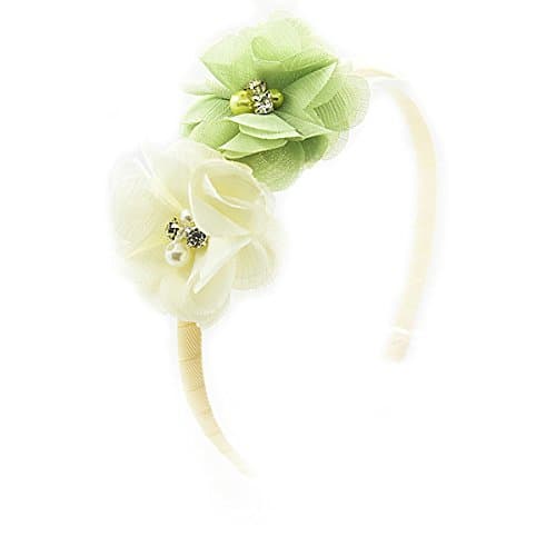 Image of PrettyBoutique Chiffon Pearl Rhinestone Flowers Girls Alice Headband Hair Band (Sage Green/Cream)
