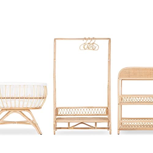 Image of Aria 3Pc Rattan Nursery Furniture Set - Baby Crib, Changing Unit & Clothes Rail - Open Storage Nappy Changer Station & Clothing Rack - Mattress and Liner Included