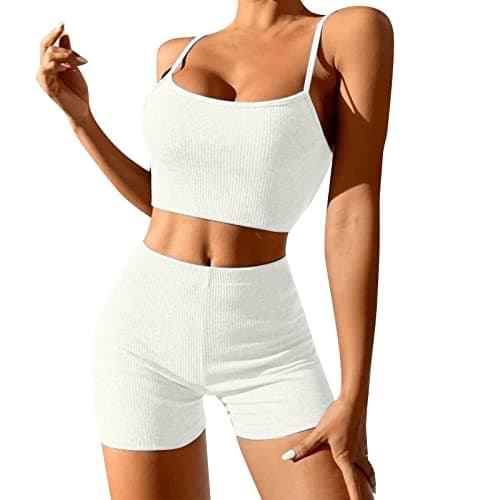 Image of Women's Gym 2 Piece Sets Workout Outftis Exercise Activewear Set High Waisted Ribbed Yoga Shorts Seamless Sports Bra Stretch Tights Jogger Shorts Tracksuit Womens Full Set 28 Piece Outfits