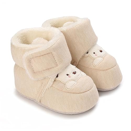 Image of RVROVIC Baby Boys Girls Plush Winter Snow Boots Bowknot Anti Slip Warm Fleece Infant Boots Toddler Prewalkers(0-6 Months,Beige Bear)