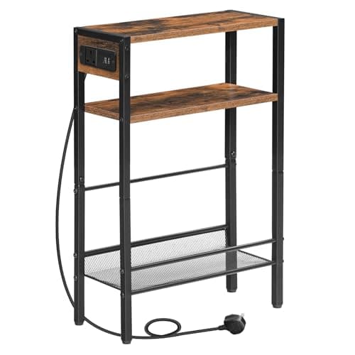 Image of HOOBRO Slim Side Table with Charging Station, Narrow Bedside Table for Small Spaces, 3-Tier End Table with USB Ports and Power Outlet, Rustic Brown and Black EBF102KBZ01