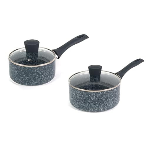 Image of Russell Hobbs COMBO-7516A Nightfall Stone Saucepans - 2 Piece Set, 16cm & 20cm Saucepan Set with Glass Lids, Non-Stick, Easy Clean, PFOA Free, Bakelite Soft Touch Handles, Cook with Little to No Oil