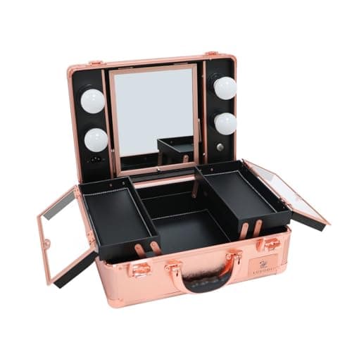 Image of LUVODI Professional Makeup Case with Mirror and Lights Portable Train Case Dimmable LED Bulbs Travel Cosmetic Suitcase Vanity Beauty Box, Rose Gold