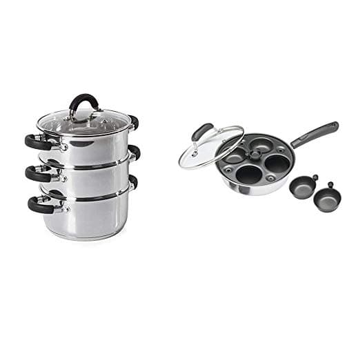 Image of Tower Essentials Steamer Pans 3 Tier with Glass Lid, 18 cm & KitchenCraft 4 Egg Poacher Pan, Induction Safe, Carbon Steel, 21 cm