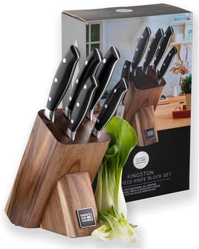 Image of Taylors Eye Witness 6 PCE Kitchen Knife Block Set - 5 Useful Knives, Acacia Wood Block. Stainless Steel Precision, Full Tang & Durable. Including Paring, Veg, Chef, Bread & Carving Knives