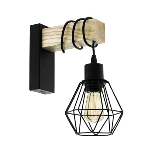 Image of Eglo Wall Light Indoor Townshend 5, Vintage wall lamp for Bedroom and Living Room, Industrial Design wall Lighting Fixture, wall Sconce Made of Black Metal and Natural Wood, FSC, E27 Socket
