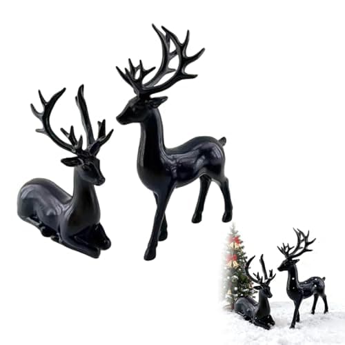Image of NPLSEO 2PCS Christmas Reindeer Figurines, Nordic Style Resin Deer Statues, Elegant Standing & Sitting Elk Sculptures for Living Room, Shelf, Table, Fireplace Christmas Home Decoration (Black)