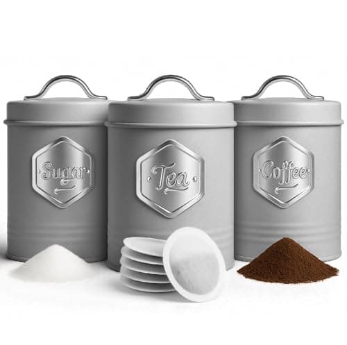 Image of HEFTMAN Grey Tea Coffee Sugar Canisters - Stylish 3 Piece Canisters Sets for the Kitchen, Sugar Coffee Tea Storage Set with Airtight, Labelled Containers (3 PCS, Grey/Silver)