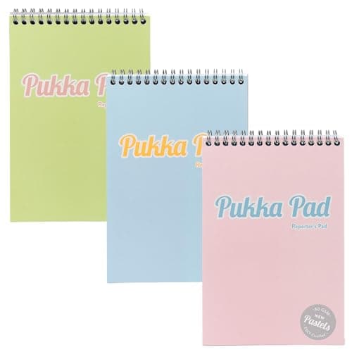 Image of Pukka Pad Pastel Reporter’s Pad – Pack of 3 Twin Wire Head Bound Notebooks with 160 Pages, 80 Sheets of 8mm Feint Ruled 80GSM Paper, Perforated Margins, and Personal Detail Page – Pink, Blue, & Green