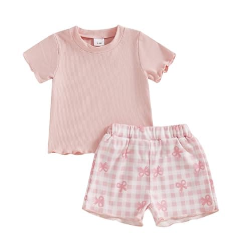 Image of Vioyavo Toddler Kid Girl Summer 2Pcs Outfit Short Sleeve Round Neck T Shirt Top Strawberry/Daisy/Bow Knot Print Shorts Clothes Set (Light Pink, 3-4T)