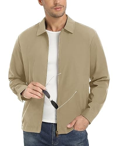 Image of EKLENTSON Mens Jackets Slim Fit Lightweight Jacket Water Resistant Breathable Bomber Windbreaker with 3 Pockets Khaki L