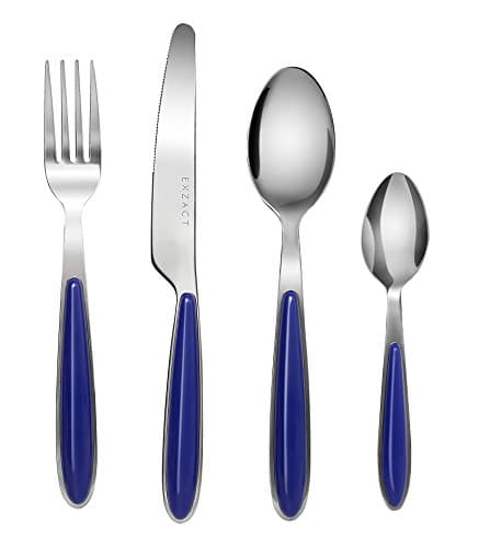 Image of EXZACT Cutlery Set of 16, Stainless Steel with Color Handles - 4 Forks, 4 Dinner Knives, 4 Dinner Spoons, 4 Teaspoons - EX07 (Blue x 16)