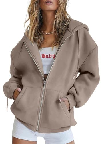 Image of Jhsnjnr Womens Casual Drawstring Hooded Jackets Long Sleeve Sweatshirts Oversized Zip Up Hoodies Light Brown