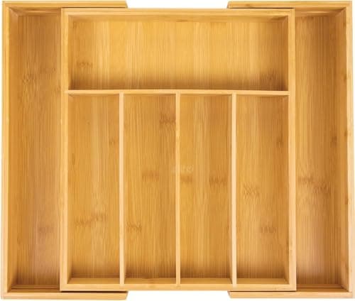 Image of Expandable Bamboo Cutlery Drawer Organizer – Natural Wood Utensil Tray with Knife Holder by Koksi – Adjustable Kitchen Drawer Divider for Silverware and Flatware