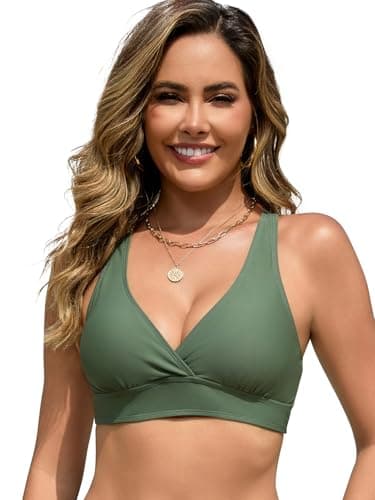 Image of SHEKINI Women's Sporty Underwire Bikini Top Adjustable Wide Straps Criss Cross Back Removable Padded Swimwear Top Only(Olive Green,M)