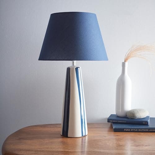 Image of Tall Ceramic Striped Table Lamps with Painted Stripes and Matching Lampshades, Available in Four Colours (Blue)
