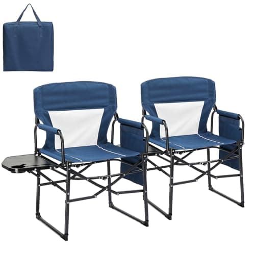 Image of Bonnlo Camping Chairs for Adults Heavy Duty, Folding Directors Chair With Side Table, Cup Holder, Storage Pocket, Supports Up to 120KG, Portable for Outdoor Garden Fishing Festival BBQ (Blue, 2pc)