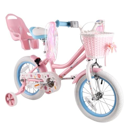 Image of RULLY 18" Daisy Bike for Age 5 6 7 8 Year old Toddlers and Girls,18" Kids Bike with Training Wheels & Basket, Retro Style in Pink