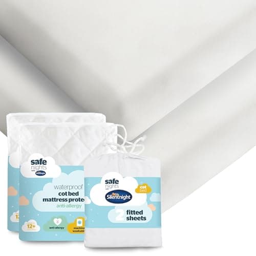 Image of Silentnight Safe Nights Cot Bed Waterproof Mattress Protector & Fitted Sheet - Kids Baby Nursery Bed Pad Protection Against Spillages - 100% Cotton Super Soft - Machine Washable, 2 Pack, White