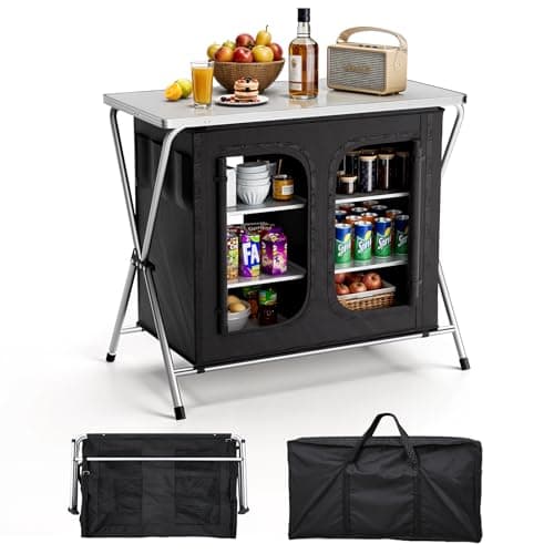Image of Warmiehomy Folding Camping Storage Cupboard Portable Camping Kitchen Unit Camping Table with Aluminium Frame, 6 Storage Compartments, Black,110x56x88cm