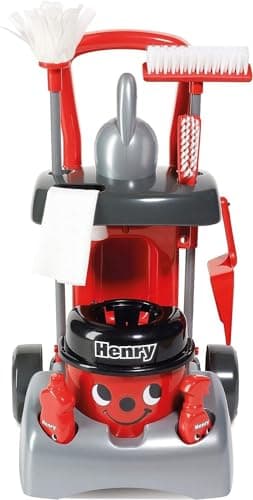 Image of Casdon Henry & Hetty Toys - Henry Deluxe Cleaning Trolley - Red Henry-Inspired Toy Playset with Working Hand Vacuum - Kids Cleaning Trolley Set with Accessories - For Children Aged 3+