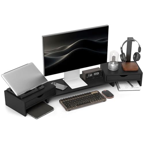 Image of HOMCOM Dual Monitor Stand Riser with 2 Drawers, Adjustable Length and Angle, 116cm Monitor Riser for Laptop, Computer, PC, Small Printer, Black