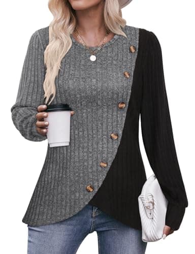 Image of Flikity Long Sleeve Tops Women Crew Neck Jumper Ladies Knitwear Ribbed Jumpers Lightweight Sweaters Going Out Tops Womens Spring Autumn Winter Clothes Dark Grey XL