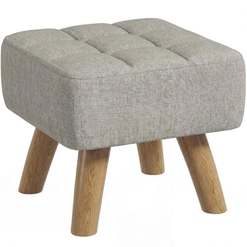 Image of HOMCOM Modern Tufted Footstool, Fabric Foot Stool with Rubber Wood Legs, Padded Seat, for Living Room, Bedroom, Entryway, Light Brown