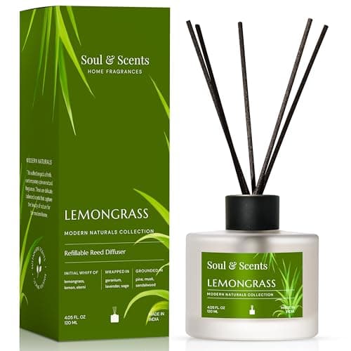 Image of Soul & Scents 120Ml Lemongrass Reed Diffuser Set | Free 6 Fiber Reed Sticks | Stress Relief & Aromatherapy | Long-Lasting, Smoke-Free Air Freshener for Home, Bedroom & Office | Ideal for Gifting