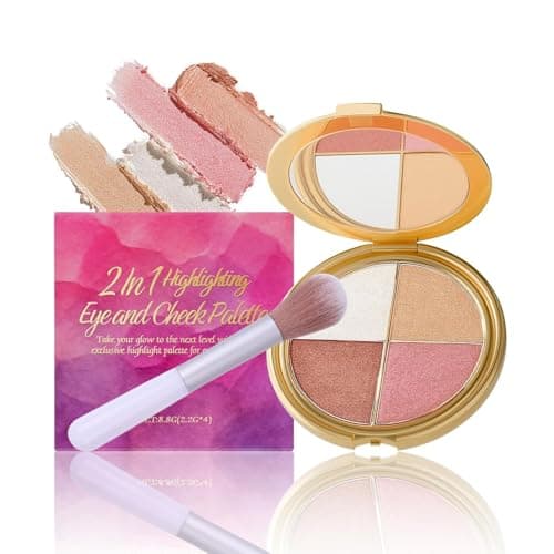 Image of 4-In-1 Highlighting Eye & Cheek Palette With Brush,Eyeshadow and Highlighter Makeup,Metallic Shimmer Makeup Palettes Contour Kit,Defining the Face Lightweight Long Lasting Natural Glow