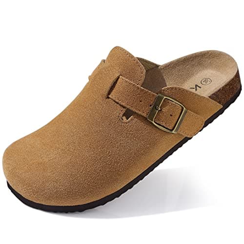 Image of shevalues Women's Suede Clogs Leather Mules Cork Footbed Sandals Slides Potato Shoes with Arch Support Brown