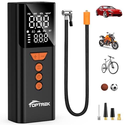 Image of toptrek Cordless Tyre Inflator Air Compressor, 150 PSI Portable Electric Tyre Pump with Preset Value, Auto Shutoff & LED Light, 4000mAh Digital Air Pump with Power Bank for Car/Motorcycle/Bike/Ball