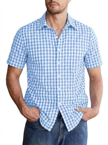 Image of Halfword Mens Gingham Shirt Short Sleeve Checked Botton Down Tops Cotton Poplin Breathable Summer Holidays Smart Casual Fit Blue L