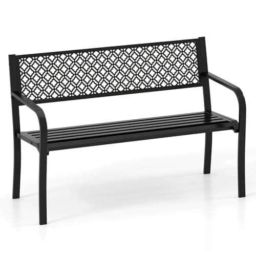 Image of COSTWAY Garden Bench, 2-Person Heavy Duty Metal Frame Loveseat Park Bench, Outdoor Furniture Leisure Seating Patio Chair for Entryway, Porch & Backyard (Black, 127 x 59 x 82 cm)
