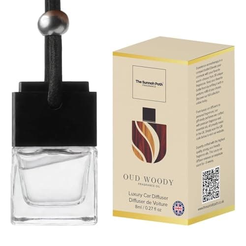 Image of OUD WOODY Car Air Freshener – Premium Hanging Car Diffuser with Wooden Lid | Strong Automotive Air Freshener with Odour Eliminating Technology | Long Lasting | OUD WOOD FRAGRANCE