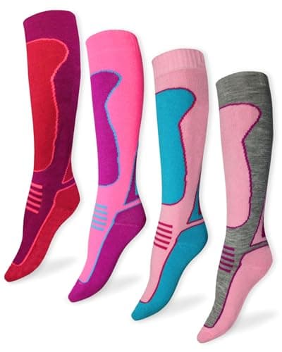 Image of ThreadCo Womens Ski Socks - Ladies Long Thermal Socks For Skiing, Snowboarding, Walking - Anti-Blister High Performance Winter Socks - 4 Pk - Pink Mix - Size UK 4-8